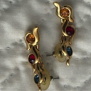 Goldtone Napier earrings with blue, yellow and red stones.